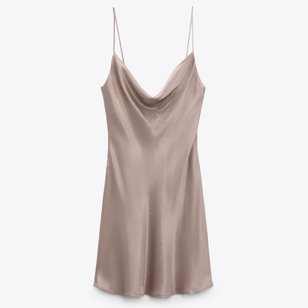 Zara Taupe Satin Rhinestone Jewel Strap Cowl Neckline Mini Slip Dress